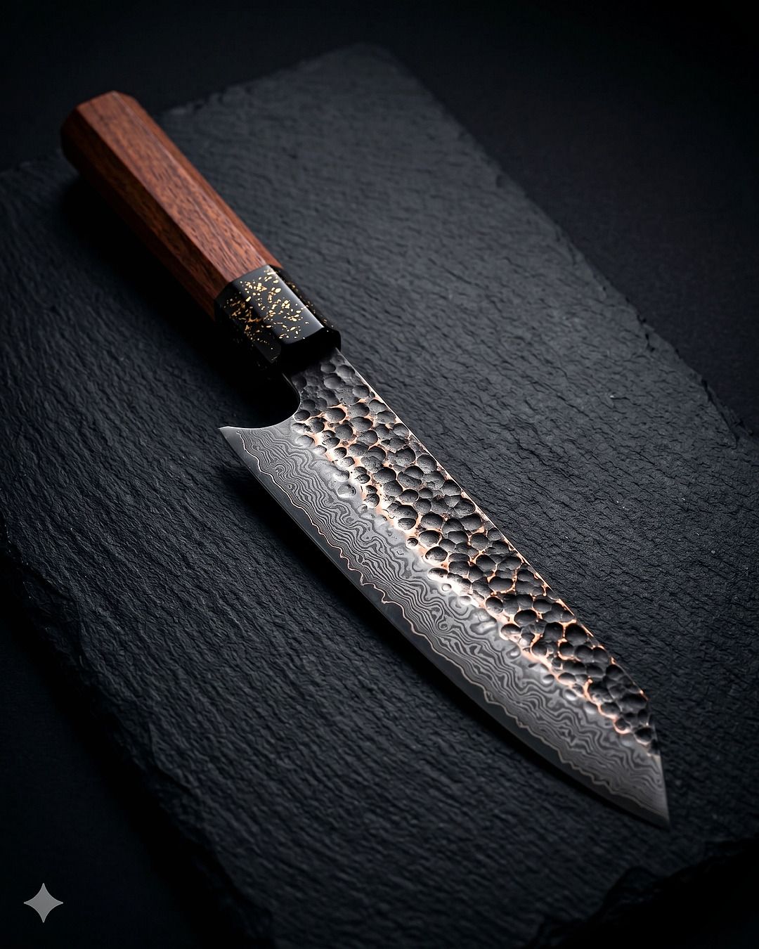 Gyuto Signature NAKUMI en acier damassé 67 couches, lame martelée et manche wa en bois de rose